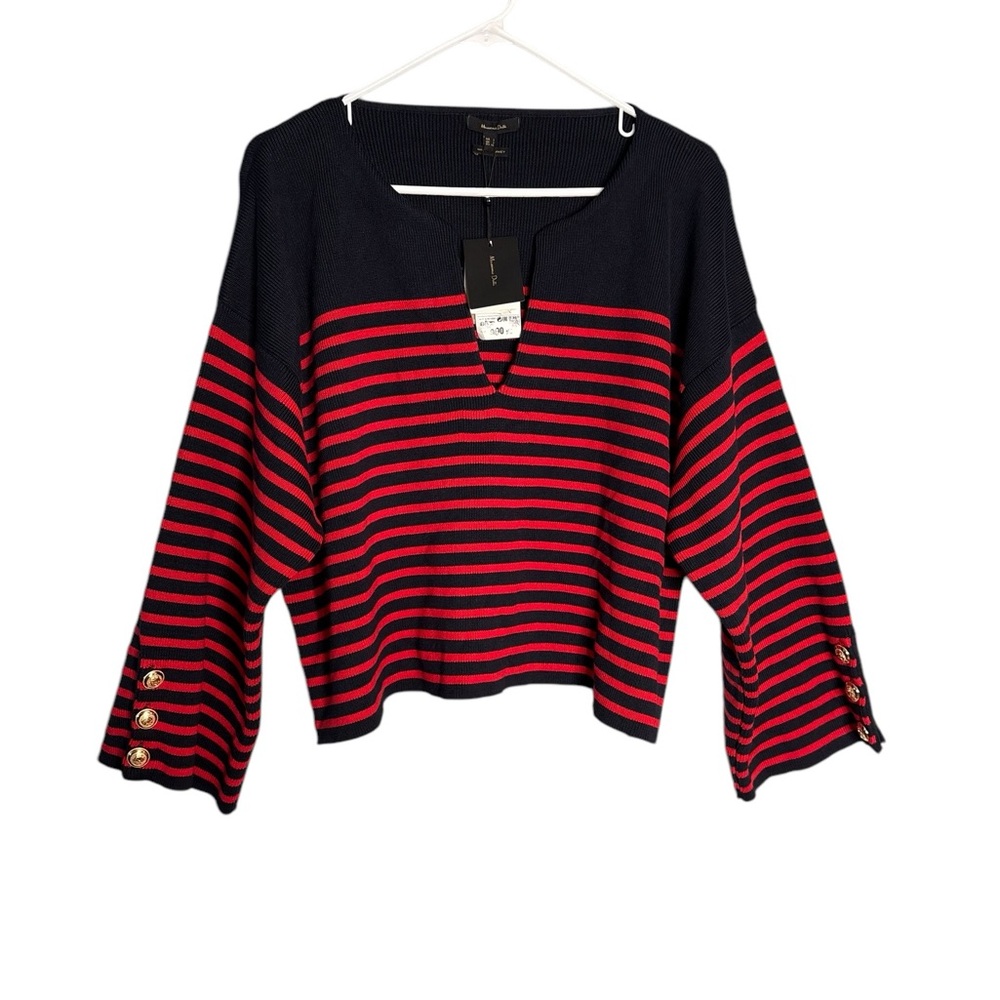 Massimo dutti women blue red striped long sleeve over size v-neck sweater size S